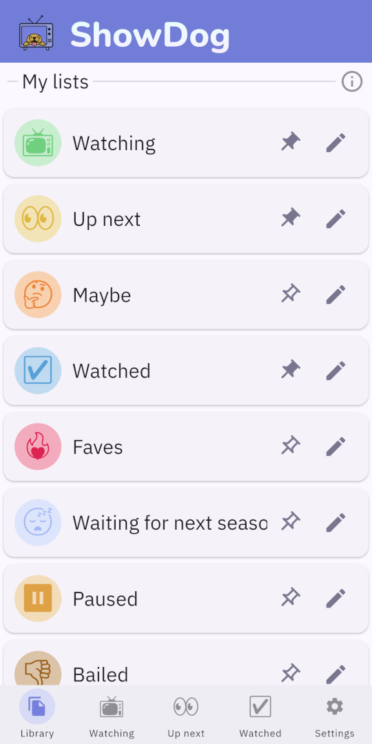 In-app screenshot of the default lists: Watching, Up-next, and Watched.