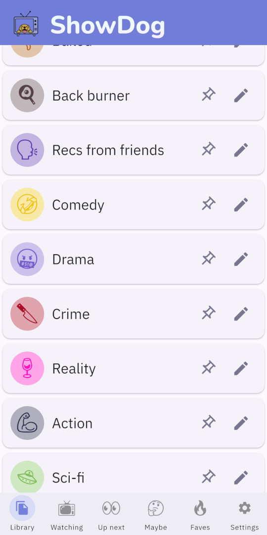 In-app screenshot of the default lists: Watching, Up-next, and Watched.