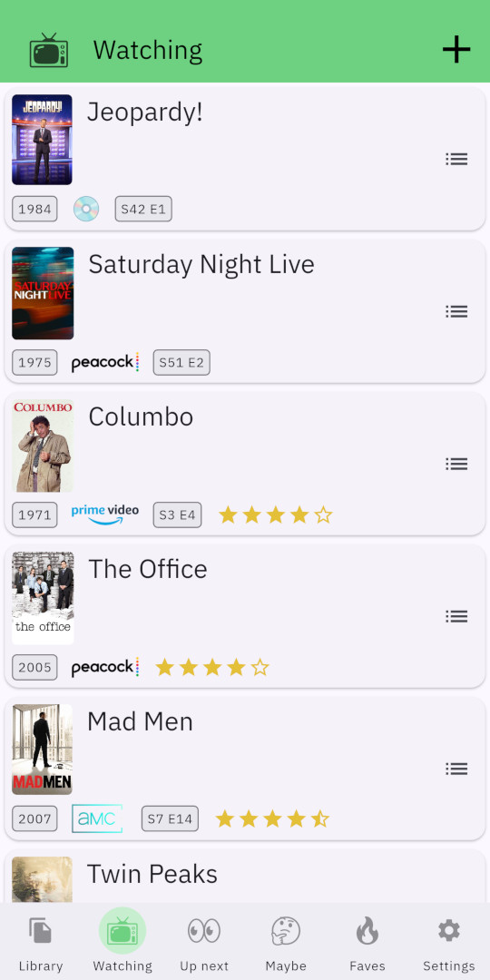 In-app screenshot of the Watching list using the 📺 icon.