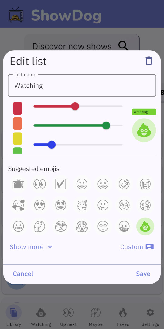 In-app screenshot of the list editor, to change the name, color, and emoji icon of a list. The list name is 'Watching' and the icon is the poop emoji (💩).