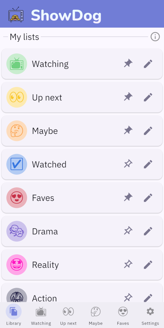 In-app screenshot of TV-show lists and the default emojis associated with them: Watching (📺), Up next (👀), Maybe (🤔), Watched (☑️), Faves (😍), Drama (🎭), Reality (🤩), Action (🥋)