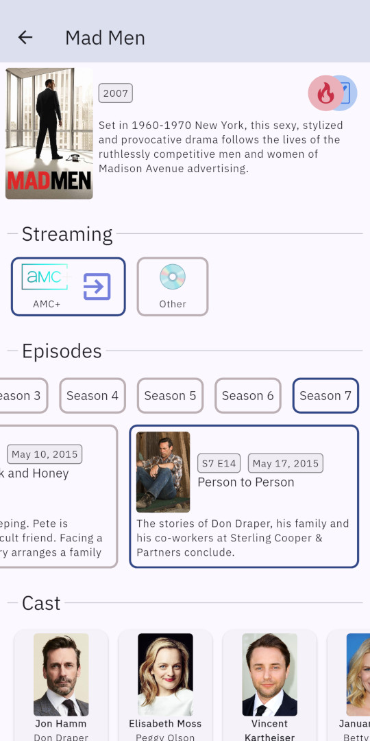 Screenshot of the series details and cast list for Mad Men.