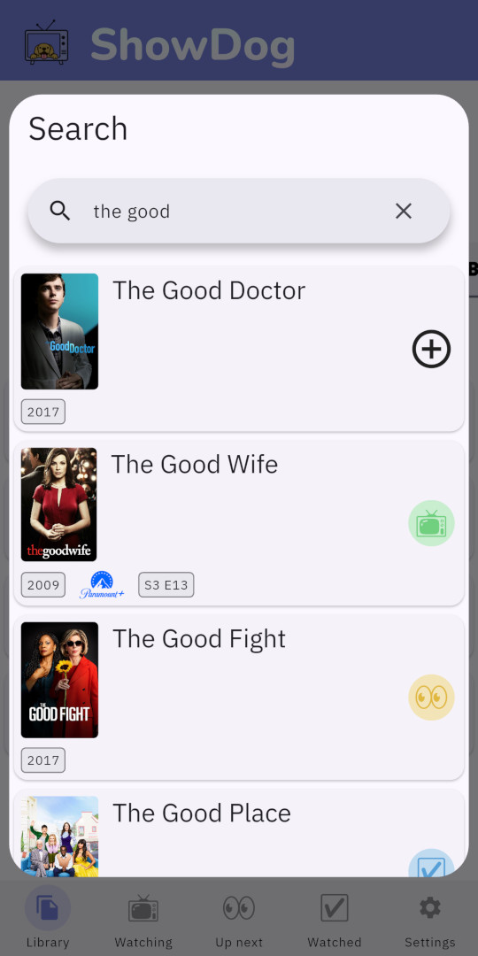 Screenshot of search results for 'the good', including The Good Doctor, The Good Wife, The Good Fight, and The Good Place.